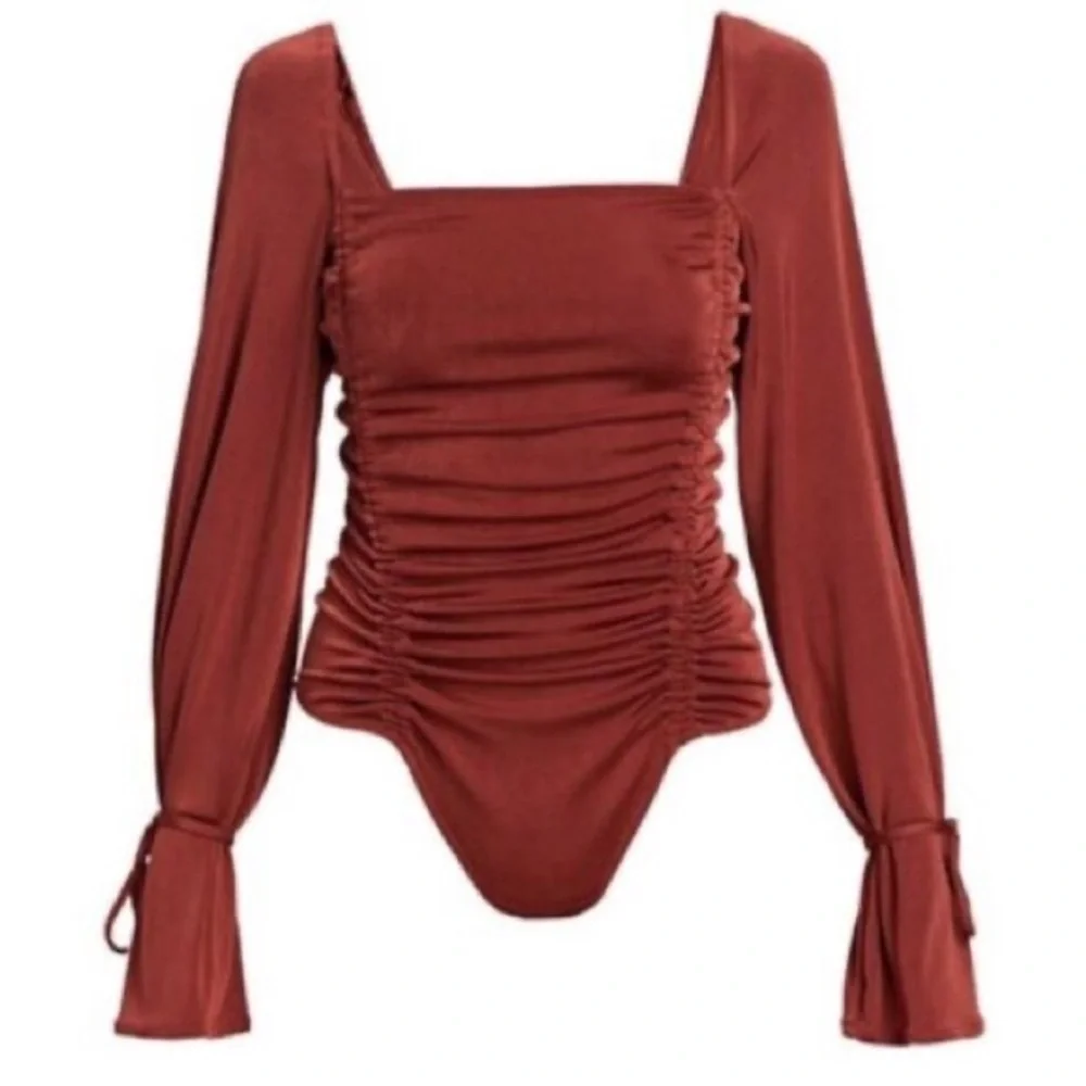 NEW Free People Meant To Be Ruched Bodysuit Cherry Chai Rust Red XL